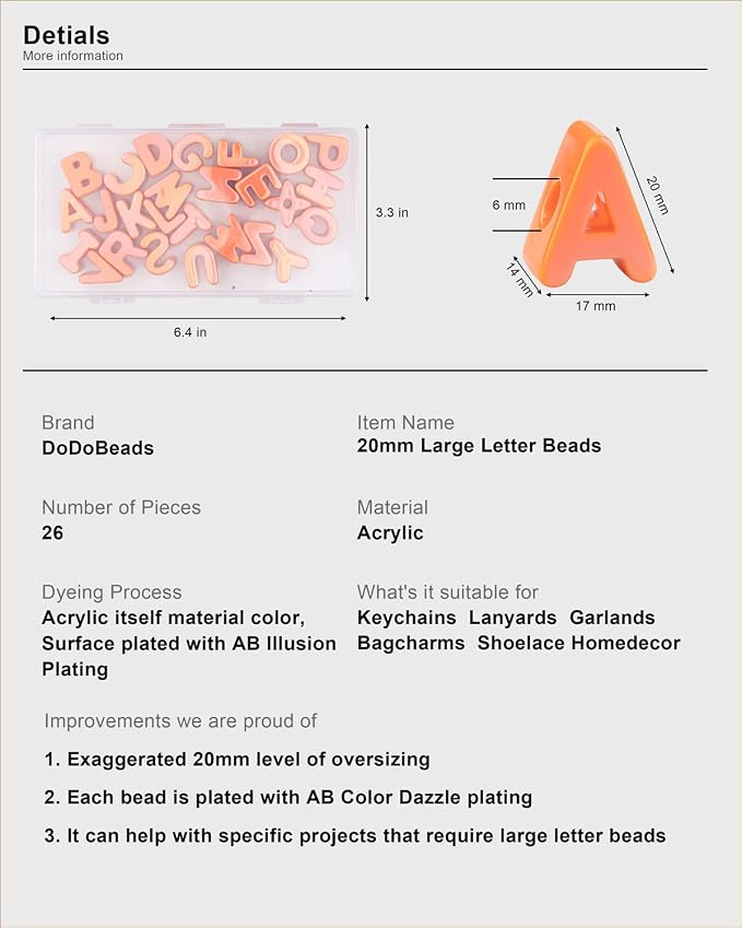26 Pcs Cute Large Orange Letter Beads, 20mm Jumbo Square Acrylic Letter Beads - Image 4