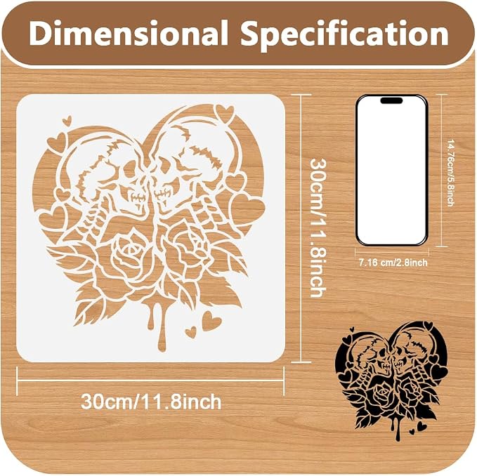 1 Piece Skeleton Lover Rose Craft Art Stencil, 11.8"x11.8" Skull Couple Plastic - Image 2