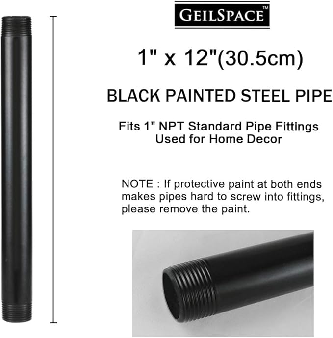 GeilSpace 1" × 12" Pre-Cut Black Metal Pipe, Industrial Steel Fits Standard One Inch Black Threaded Pipes and Fittings - Vintage DIY Industrial Shelving (1" × 12")