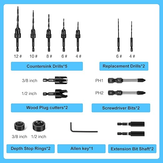 Countersink Drill Bit Set for Wood, 16 PCS High Speed Steel Woodworking Tapered Drill Bits Counter Sink Drill Bit with 2PCS 1/4" Hex Shank Wood Plug Cutter Quick Change with Storage Box