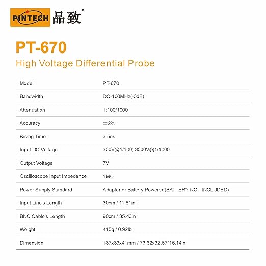 PINTECH Oscilloscope Probe 7000V, 100MHz High Voltage Differential Probe kit 3.5ns Rise Time 100X/1000X Attenuation Rate, PT-670