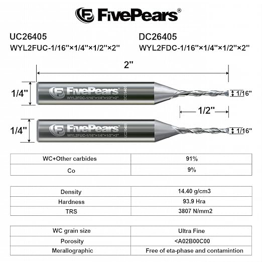 FivePears Up&Down Cut Spiral Router Bits Set for CNC, 1/16 inch Cutting Diameter and 1/2 inch Cutting Length 1/4 inch Shank Carbide End Mill Router Bit for Wood Carving Engraving Grinding Grooving