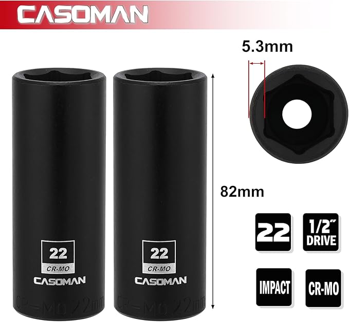 CASOMAN 1/2-Inch Drive x 22mm Deep Impact Sockets, 2 PCS Set, 6-Point, Metric, CR-MO