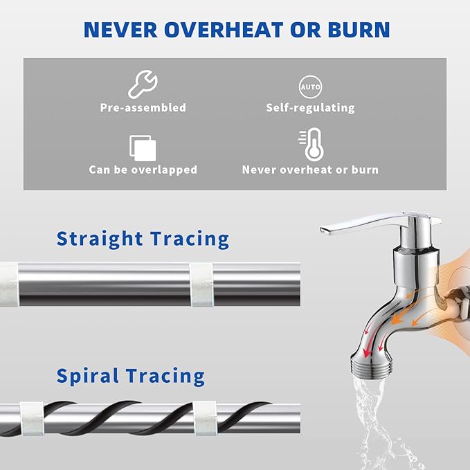 18FT Heat Cable for Water Pipes, Prevent Freezing & Easy Installation, Water Pipe Heat Cable With Thermostat Self-Regulating, Pipe Heating Trace System 120 V