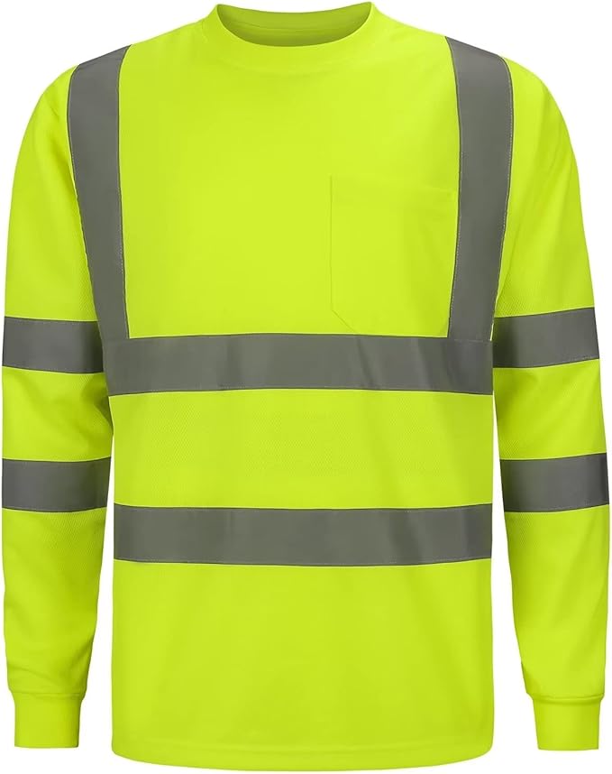 High Visibility Class 3 T Shirts，Hi Vis Safety Shirts with Reflective Strips and Pocket, Long Sleeve Quick Dry Mesh Construction Work Shirt for Men/Women Lime,Medium