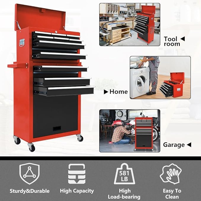 13 Drawers Tool Chest with Wheels,Large Capacity Tool Storage Cabinet with Tool Box, Locking Mechanical Tool Cart with Liner,Suitable for Garages, Warehouses-Black&Red