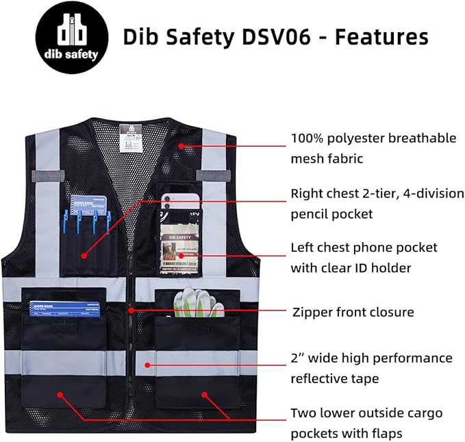 Dib Safety Reflective Mesh Vest High Visibility with Pockets and Zipper, Black Mesh M