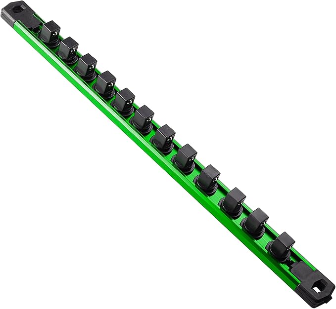Magnetic Socket Organizer, 1-Piece Heavty Duty Aluminum Socket Holder, Socket Rail for Tool Box, Premium Quality 360° Swivel Socket Rack with 12 Clips for 1/2-Inch(Green)