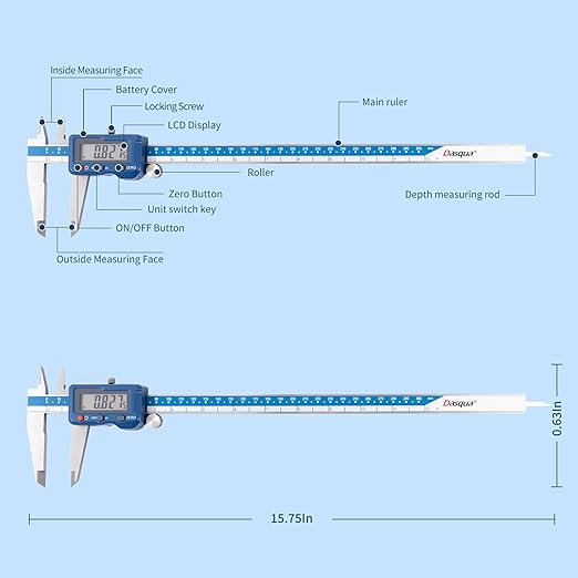 Dasqua High Precision 12 Inch/300mm Electronic Micrometer Digital Caliper Stainless Steel with Large LCD Screen Auto Off Featured Measuring Tool