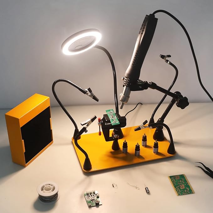 Magnetic Helping Hands Soldering Third Hand with 3X & 6X LED Magnifying Lamp, Hot Air Gun Holder,12V Solder Fume Extractor, Extra Large & Heavy Duty Base, Four Arms Solder Station for Soldering PCB