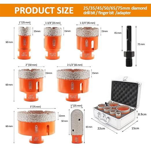 Diamond Core Drill Bits Set,BGTEC 8 Pieces Vacuum Brazed Hole Saw Kit for Porcelain Tile,Ceramic Granite Marble Stone Masonry Brick (25/35/45/50/65/75mm)