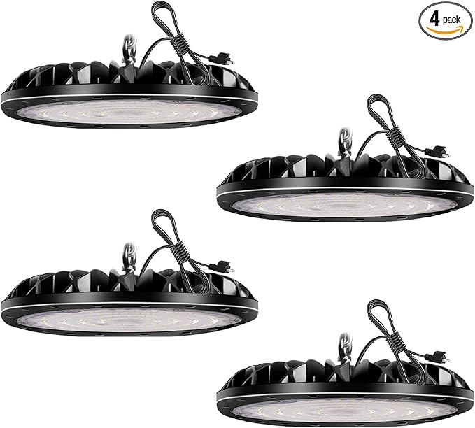 loyal 100W UFO High Bay Light 4 Packs, 10000LM LED High Bays Shop Lights, 6000K Daylight Bay Lighting with 1.2M Cable US Plug, Commercial High Bay or Warehouse Workshop Garage Factory