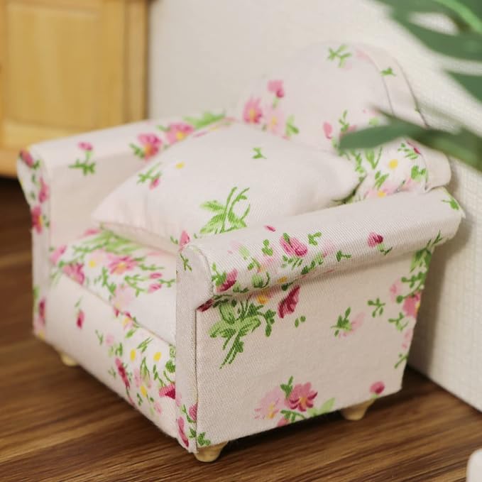 Dollhouse Couch with Pillow 1 12 Scale Miniature Sofa Arm Chair Living Room - Image 3