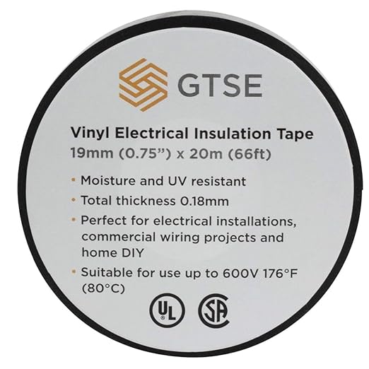 GTSE Black Electrical Tape, 1 Roll – Waterproof, Industrial Grade Vinyl, 3/4 in x 66ft– Strong Self-Adhesive PVC Electric Tape for Wire Insulation, 7 Mil, 600V – UL/CSA Listed