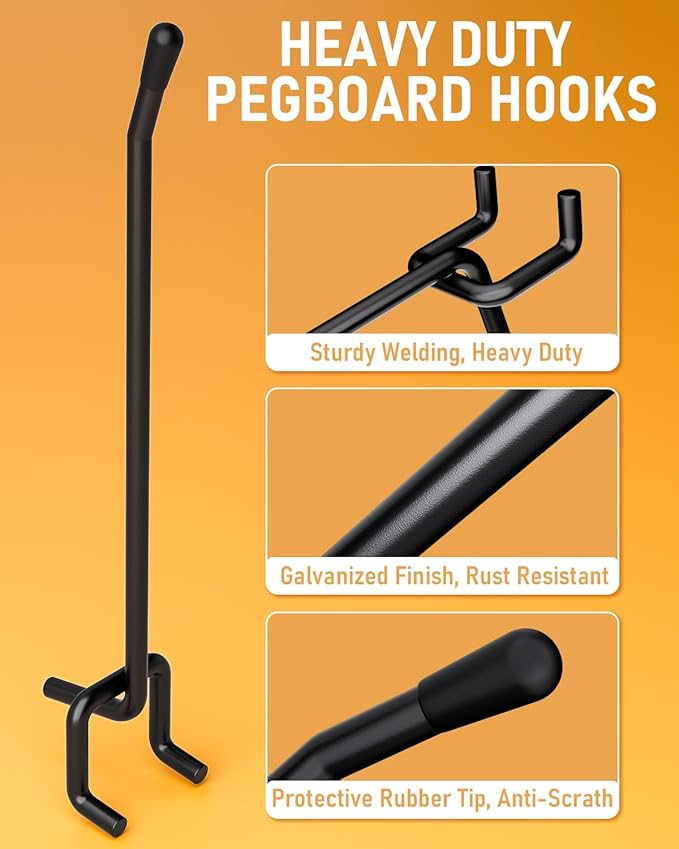 INCLY 60 Pack 6 Inch Black Pegboard Hooks, 1/4" Heavy Duty Peg Board Shelving Hooks Accessories, Peg Board Tool Hangers Only Fit 1/4" Pegboard Hanging Tools Garage, Craft Organizing, Kitchen, Store