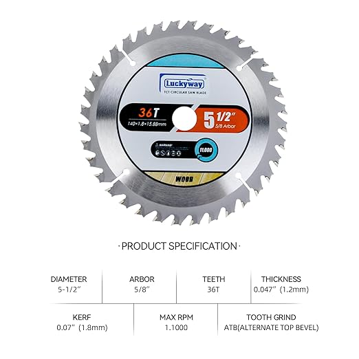 Luckyway 2-Pack 5-1/2 Inch 36T with 5/8 Inch Arbor TCT Circular Saw Blade Finishing and Trimming Saw Blade, Cordless Trim Saw Blade for Cutting Wood(1/2-Inch and 10-mm Reducer Bushings Include)
