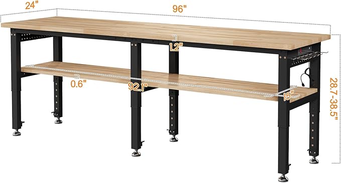 SPECRAFT Adjustable 2-Tier Workbench with 4 AC Outlet and 2 USB Ports Power Outlets, 2000 Lbs Capacity Heavy Duty Workbench, Rubber Wood Top for Garage, Workshop, Office（96x20in）
