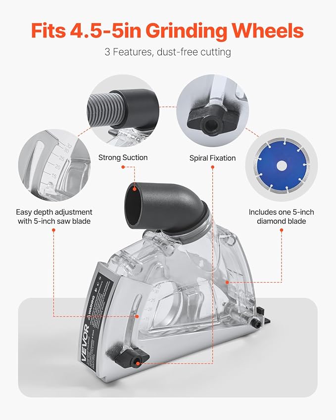 VEVOR Cutting Dust Shroud for Angle Grinders, Universal 4-5 in Angle Grinder Dust Shroud with 6 Clamping Washers & 5 in Diamond Grinding Cup Wheel, Adjustable Cutting Depth, Connect to Vacuum Cleaner