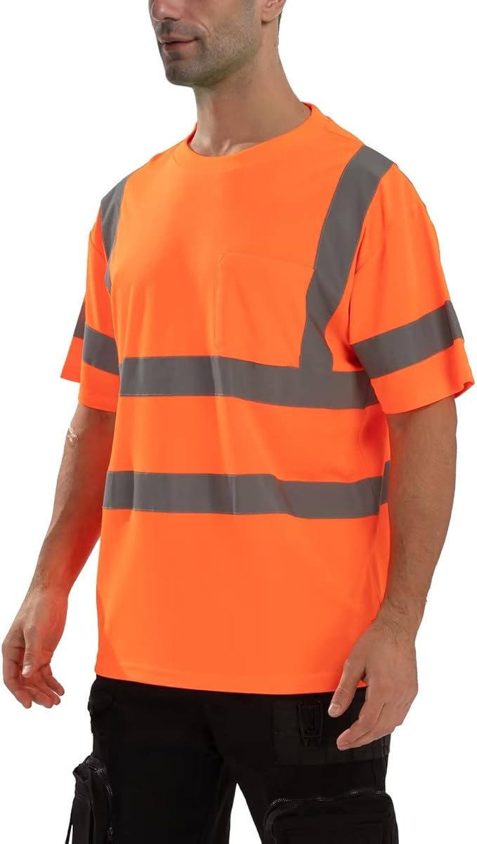 High Visibility Class 3 T Shirts，Hi Vis Safety Shirts with Reflective Strips and Pocket, Short Sleeve Quick Dry Mesh Construction Work Shirt for Men/Women Orange,Medium