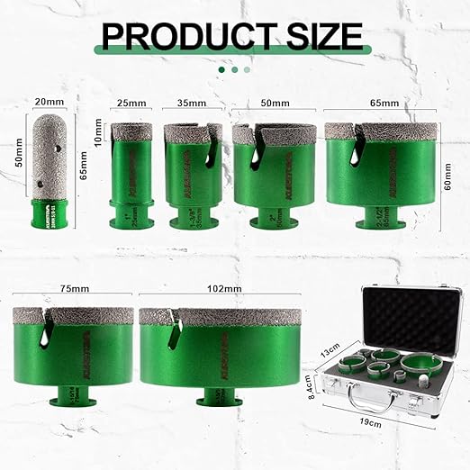 Tile Hole Saw Kit - 6pcs Diamond Core Drill Bits 25/35/50/65/75/102mm+1pc 3/4" Diamond Finger Milling Bit 5/8-11" Thread for Porcelain Ceramic Tile Granite Marble Angle Grinder