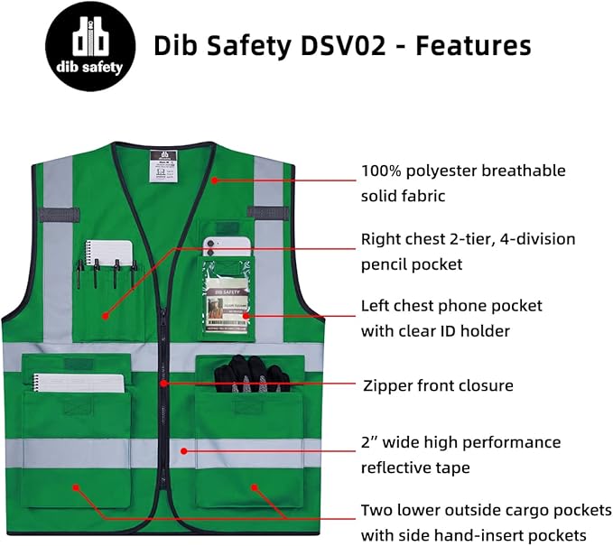 Dib Safety Reflective Vest High Visibility with Pockets and Zipper, Green L