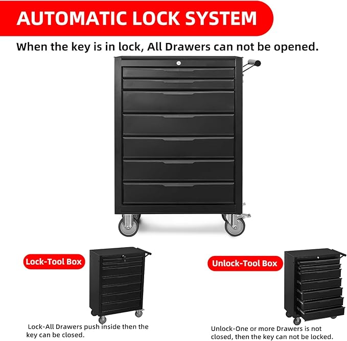 7-Drawer Rolling Tool Chest Cabinet, Large Capacity Metal Tool Box with Wheels and Keyed Locking, Roll Around Storage Organizer Tool Cart for Garage, Warehouse, Work Shop (Black)