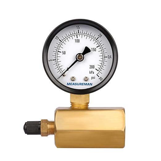 MEASUREMAN 2" Brass Gas Pressure Test Gauge Assembly, 3/4" FNPT Connection, 0-30 psi/kpa, +/-3-2-3% Accuracy