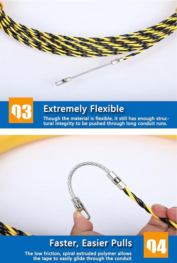 Fish tape wire puller 1/6-Inch x 165-Foot electrical fish tape 165ft PET Diameter 3 Wires Twisted with Guide Spring Optimized Housing and Handle fish tape 【4.5mm*50m】