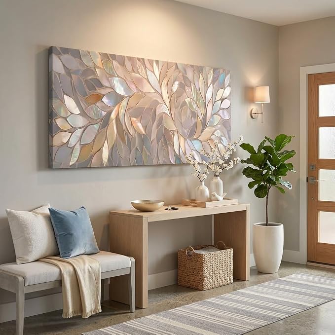 ZESTRILIA Iridescent Mosaic Leaf Canvas Wall Art, Abstract Mother of Pearl Print - Image 4