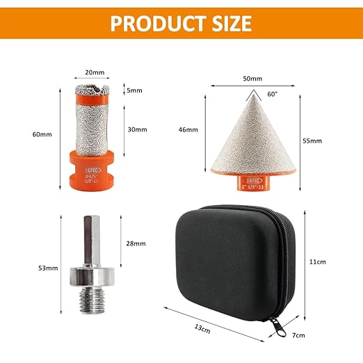 Diamond Core Drill Bit Kit BGTEC Diamond Hole Saw Tile Cutter for Porcelain Tile Ceramic Marble Brick, 5/8"-11 Thread 20mm+0-20mm Diamond Chamfer Finger Bit+HEX Adapter