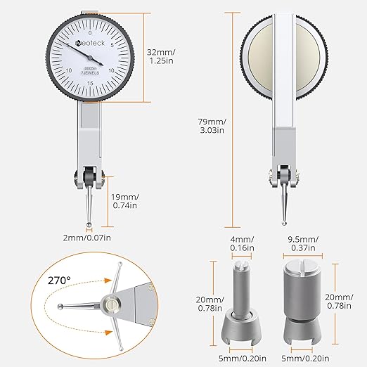 Neoteck Dial Test Indicator with Magnetic Base Stand and Storage Case, 0-0.03"/0.0005" Test Indicator Set with 2 Steel Dovetail Clamps 3/8'' and 5/32'' for Machine Set-Up, Narrow Area Measurement