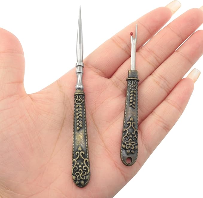 yyangz 1 Set Vintage Carving Awl Mini Seam Ripper Antique Brass Zinc Alloy Stainless Steel Hand Sewing Steel Needle Shoe Repair Punch Tool