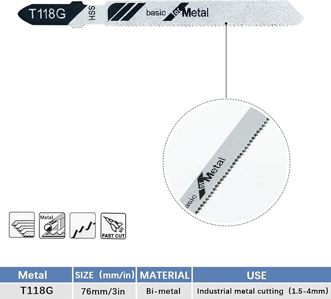 10-Piece T118G 3 Inch 32 TPI Assorted T-Shank Jig Saw Blades Set for Cutting Metal