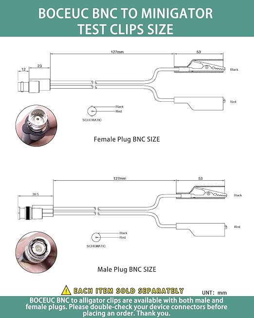BNC Test Leads, BNC (Male) to Alligator Clip, Test Lead Breakout Cable for Multimeter, 5A Current Rating, 1 Pack