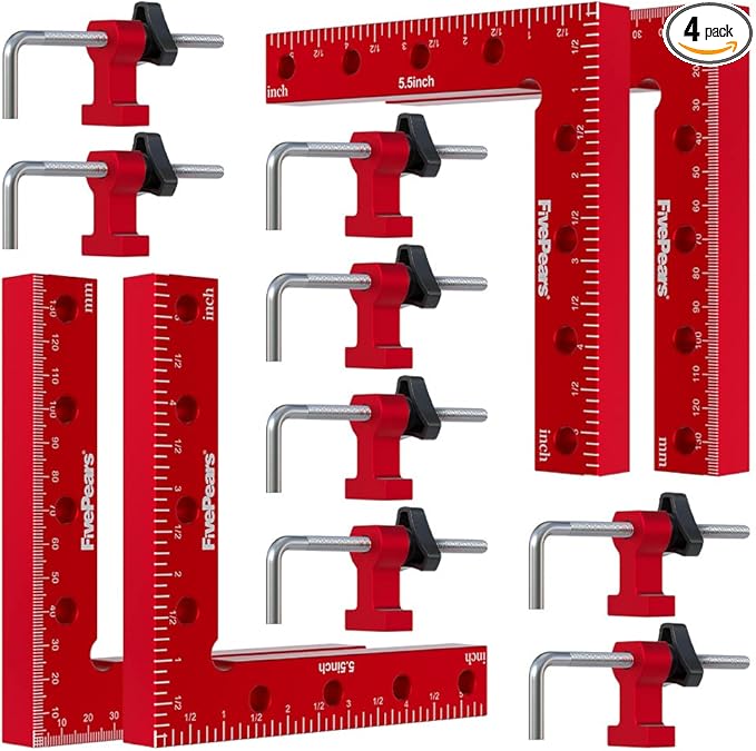 Fivepears 4 Pack 90 degree positioning square clamps set for woodworking, 5.5" x 5.5"(14 x 14cm) aluminum precision right angle corner clamp for square picture frame tool box cabinet drawer and wood