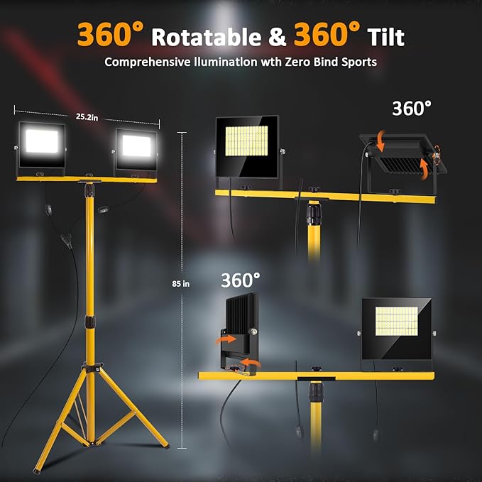 24000 Lumen LED Work Lights with Stand, Floodlight Work Light 2 Adjustable Head Work Light with 16FT IP67 aterproof Tripod Works Light Stand with Individual Switch for Construction Lighting