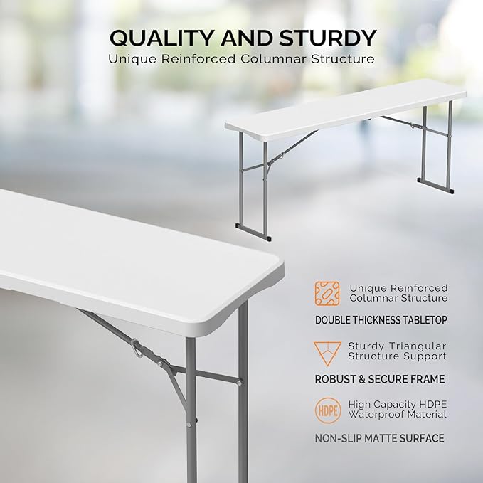 VINGLI 6 FT Narrow Folding Table, Tabletop Folded in Half, Home Work - Image 3