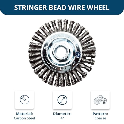 Benchmark Abrasives 4" x 3/16" Stringer Bead Wire Wheel with 5/8"-11 Thread, for Weld Cleaning, Weld Spatter Removal, Stripping, Deburring, Use with Angle Grinders - (4" x 3/16", Carbon)