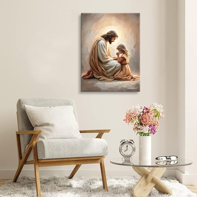 Jesus Praying with Girl Wall Art Canvas Print Jesus with Children Wall Decor - Image 8