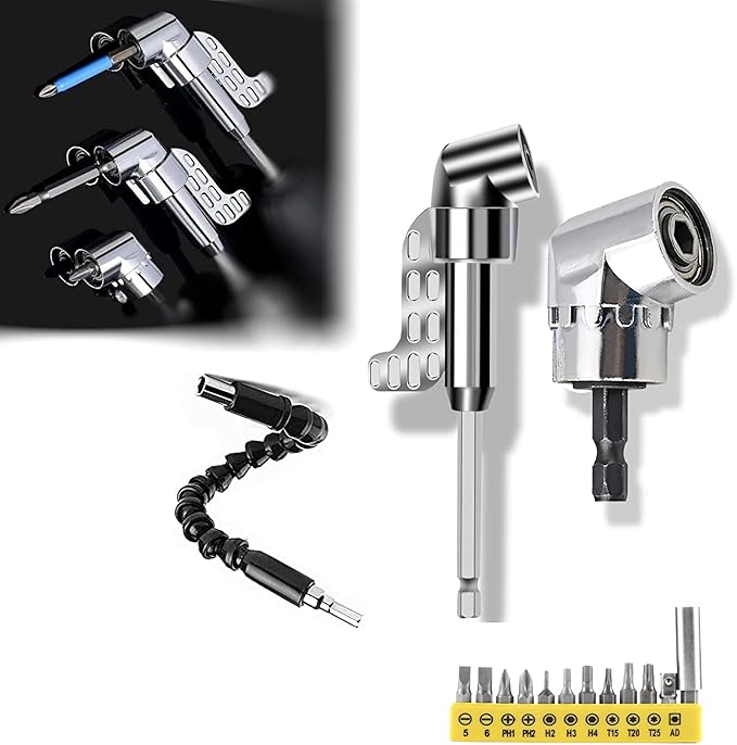 105 Degree Right Angle Drill Adapter, 1/4" Hex Shank Driver Angle Drill Attachment with Multi-function Bend Screwdriver Bit, Angle Driver for Drill, Drill Attachment for Household Work (L+S（SR）+FS)