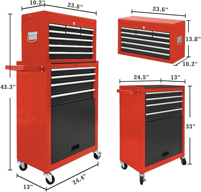 13 Drawers Tool Chest with Wheels,Large Capacity Tool Storage Cabinet with Tool Box, Locking Mechanical Tool Cart with Liner,Suitable for Garages, Warehouses-Black&Red