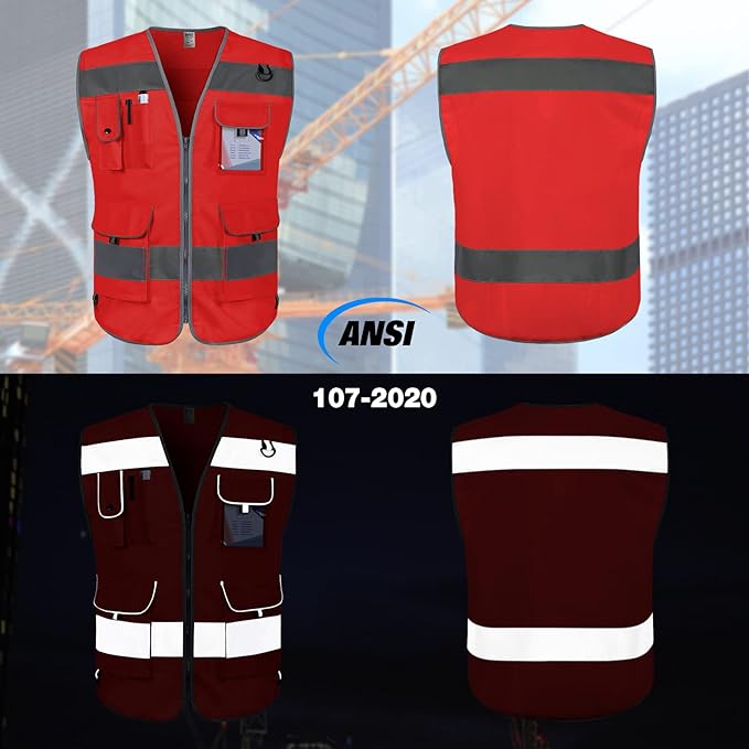 TCCFCCT High Visibility Vest 9 Pockets Hi Vis Reflective Safety Vest for Men Women, Construction Vest with Reinforced Sewing, Durable to Use, Meets ANSI/ISEA Standards, (Red, 4X-Large)