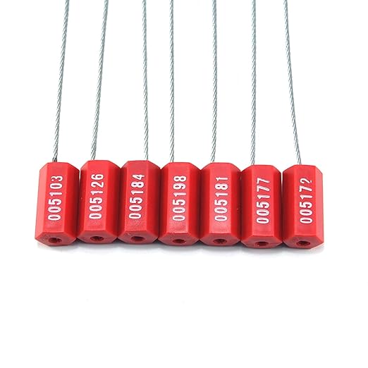 50 Numbered Steel Cable Security Seals - Metal Wire Tamper Seals, Pull Tight Cable Tie for Containers (Red)