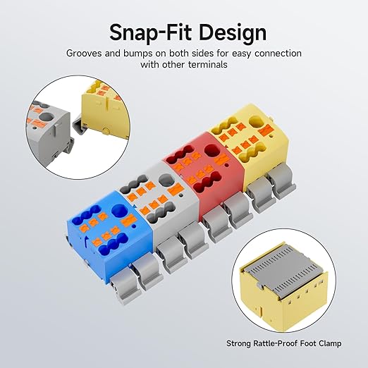 4Pcs KV225G DIN Rail Terminal Blocks, 3-Pole 1 in 6 Out Push-in Wire Connector/Splitter, 690V 24A