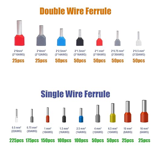 1200pcs Single and Dual Ferrules Terminal Set, AWG 6~22 Single-Line Barrel Ferrules and AWG10~22 Double Wire Ferrule Kit are Widely Applied in Electric, Electronic Industry, Equipment, Industrial,etc