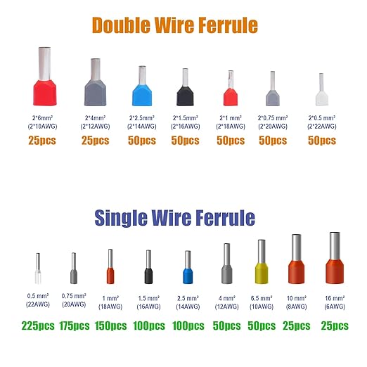Fidioto Double Wire Ferrule Kit,1200pcs Dual Barrel Ferrules Terminal Set, Twin Ferrule Connectors Wire Ends Terminals Pins, AWG10~22 Twin Wire Ferrule Set and AWG6~22 Single-Line Ferrules