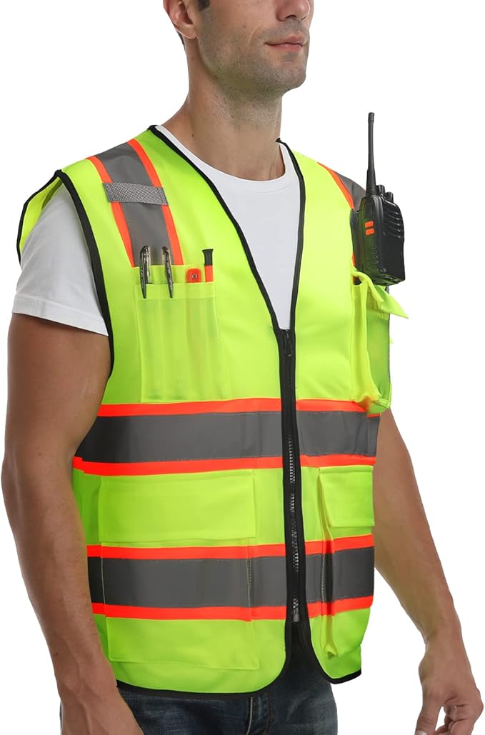 9 Pockets High visibility Class 2 Safety Vest，Hi Vis Vest with 2 inch wide Reflective Strips security vest with Zipper construction work vest for men &women Lime,3XL