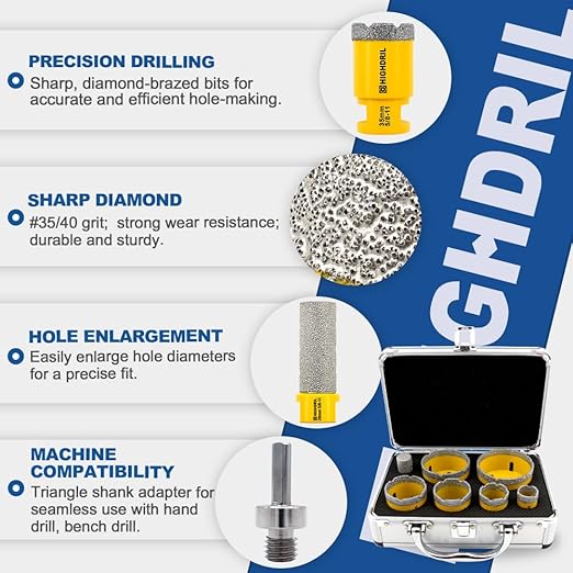 HIGHDRIL Diamond Drill Bits Kit with 5/8-11 for Porcelain Tile Ceramic Marble Brick Concrete Vacuum Brazed Hole Saw(25/35/45/50/65/75mm+20mm Finger Bits)