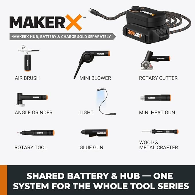 WX996L Crafting Tool Combo Kit - Rotary Tool, Wood and Metal Crafter, Airbrush, Heat Gun, Grinder and LED Flex Light in Carry Bag