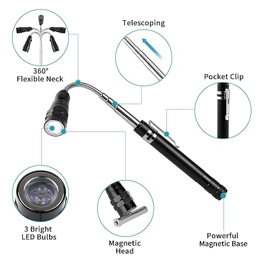 3 Pack Telescoping Inspection Mirrors LED Light & Magnet Flashlight Pickup Tool Set, Large 3.75" Round, 3.3" Square Mirror, for Inspection Viewing, Mechanic Checking, Observation